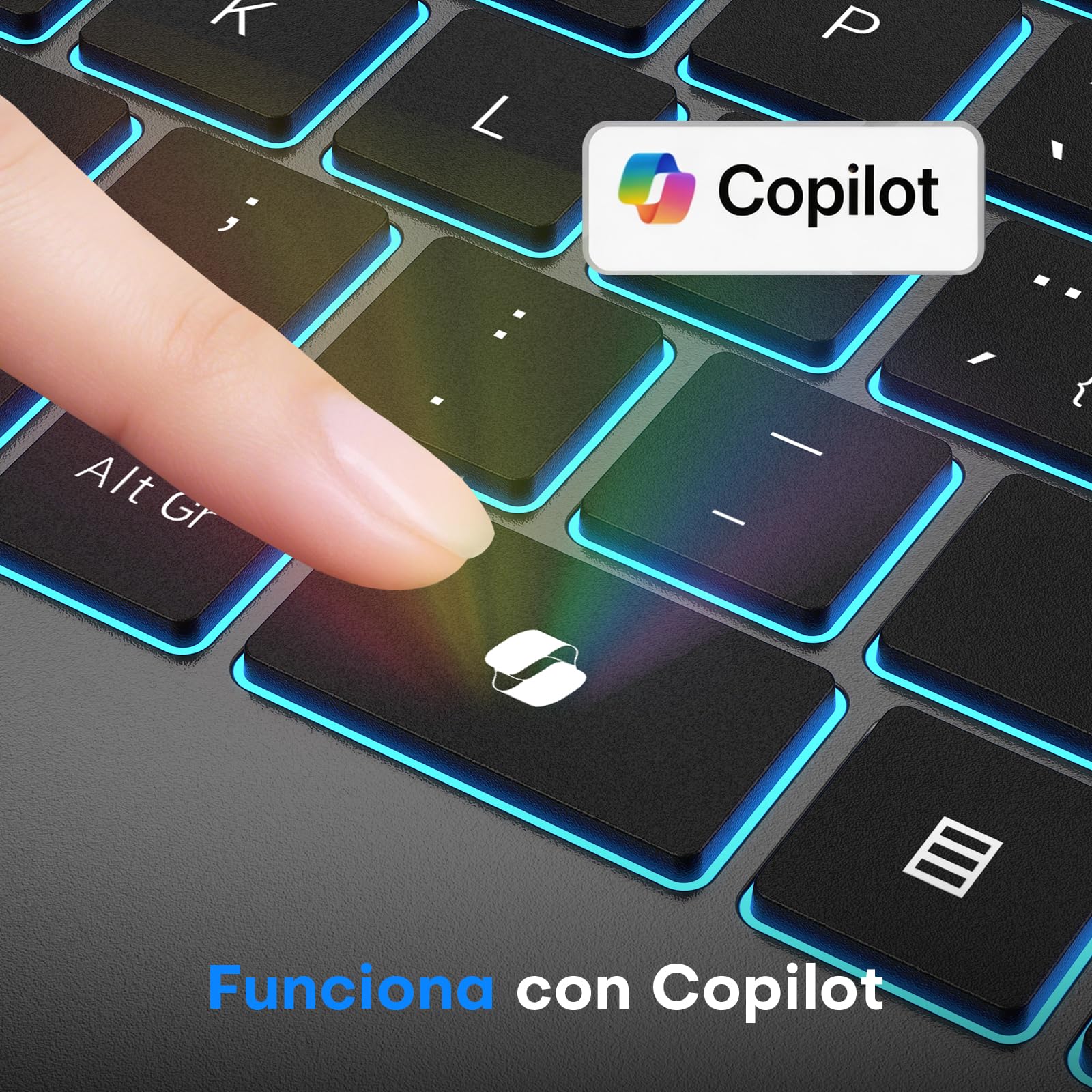 OMOTON Teclado Inalámbrico Ergonómico Reposamuñecas QWERTY Español 2,4G | Recargable, Teclado Silencioso, 7 colores retroiluminación, Soporte móvil, Oficina estudio, para Windows y Linux