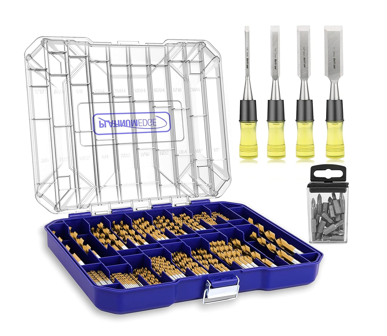256 Piece Titanium Twist Drill Bits with Bonus 20 Bits Set and Hurricane 4 Piece Wood Chisel Set Size from 1/4 Inch to 1 Inch