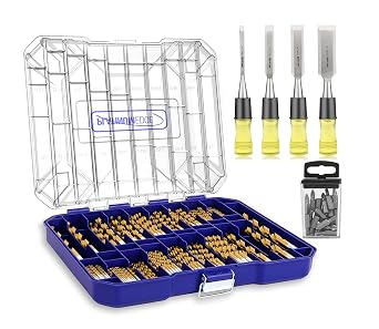 256 Piece Titanium Twist Drill Bits with Bonus 20 Bits Set and Hurricane 4 Piece Wood Chisel Set Size from 1/4 Inch to 1 Inch