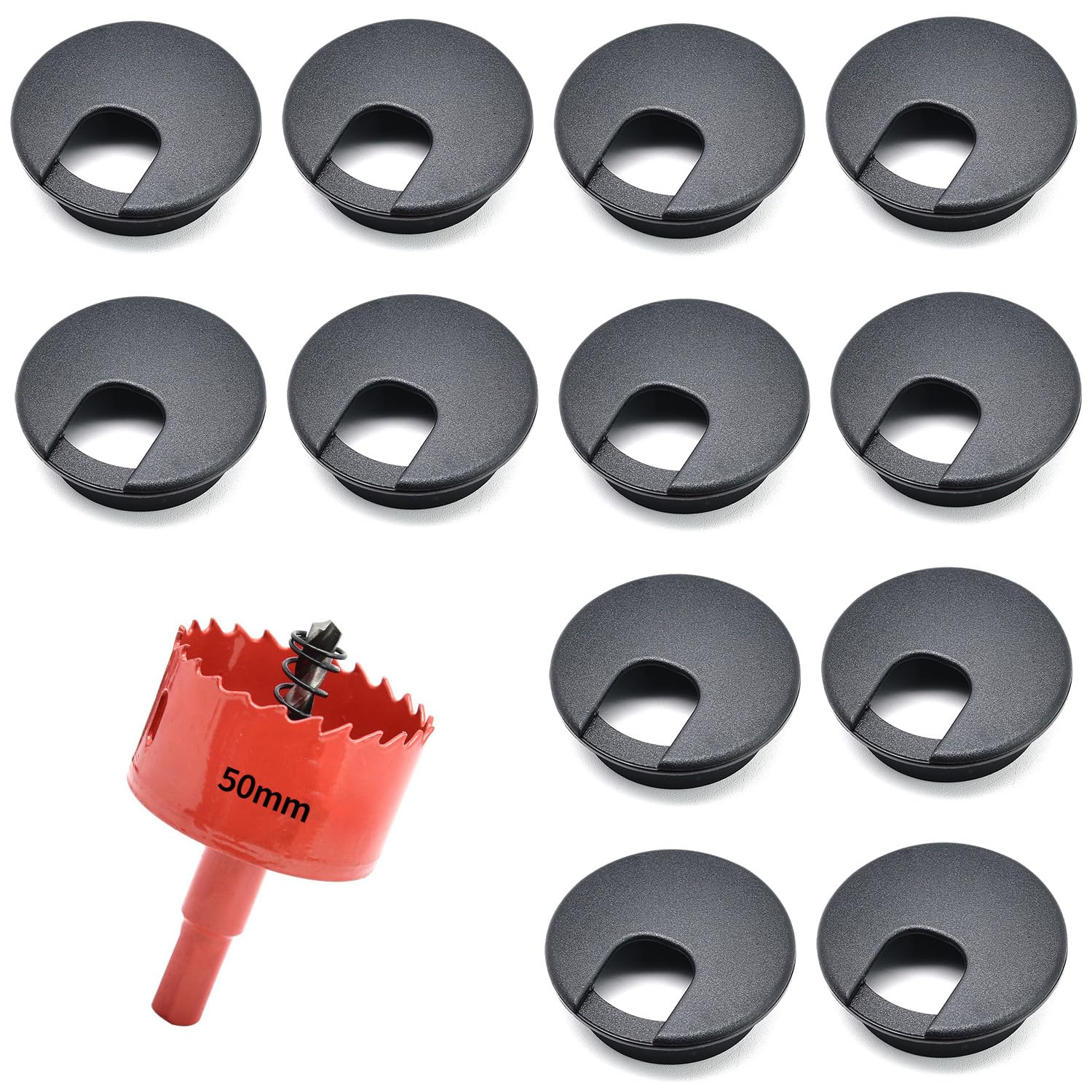 Surf turtle Desk Grommet 12 Pack 2 Inch (50mm) Black Flexible Cable Cord Grommets,ABS Plastic Grommet Hole Cover with Hole Saw for Desk, Table,Cabinet