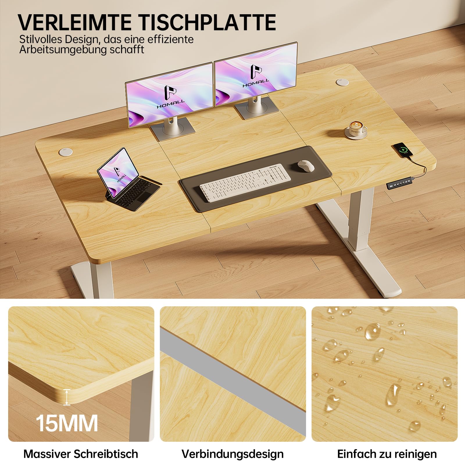Homall Höhenverstellbarer Schreibtisch mit USB-Buchse 140x60 cm, Computer Stehschreibtisch, Ergonomischer Homeoffice-Tisch (140x60cm, Beige)