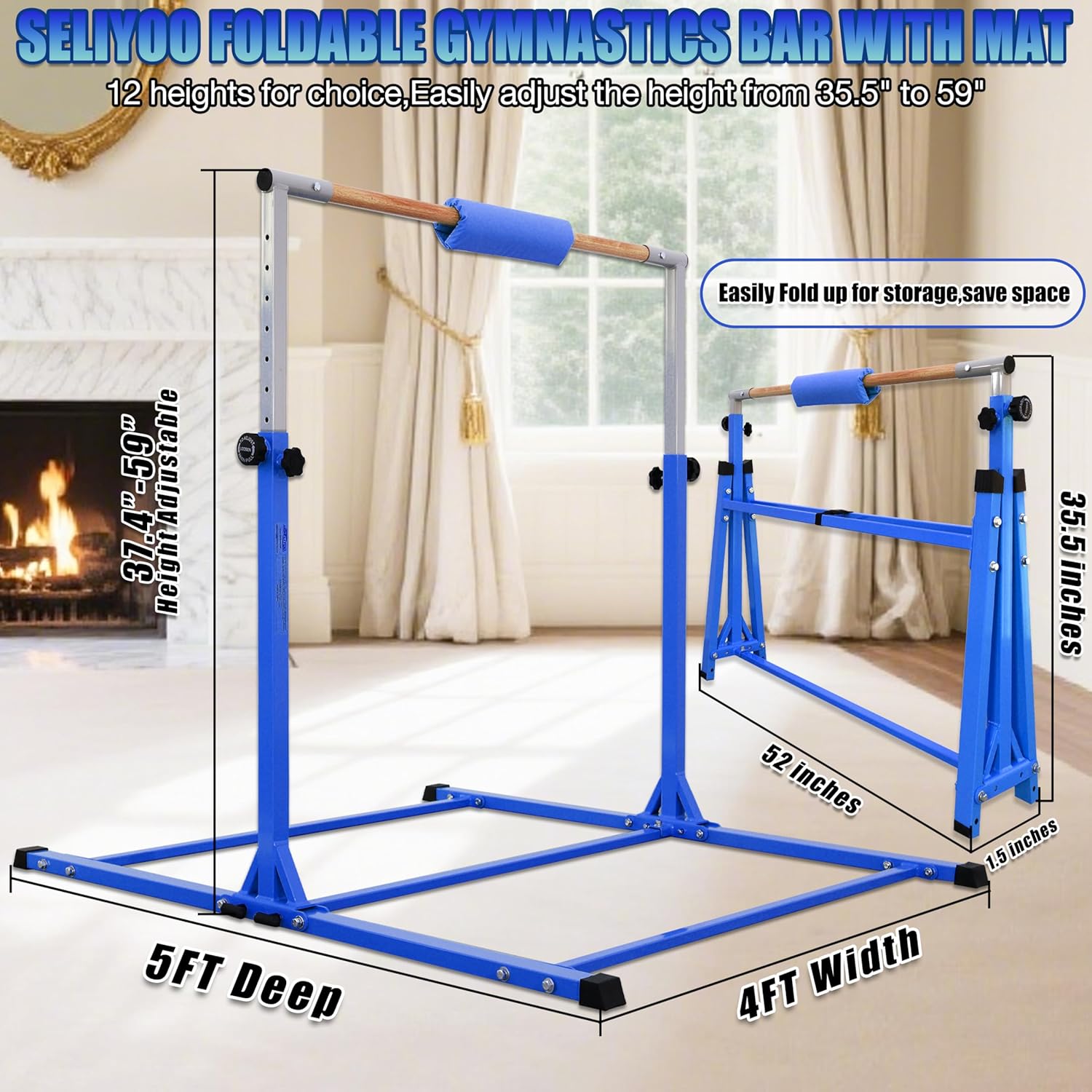 foldable gymnastic bar for kids ages 3-20,5ft/6ft horizontal bar base length,height adjustable kids training bar for gymnastics,gymnastics equipment for home clubs three base connections gymnastic bar with mat blue-mat