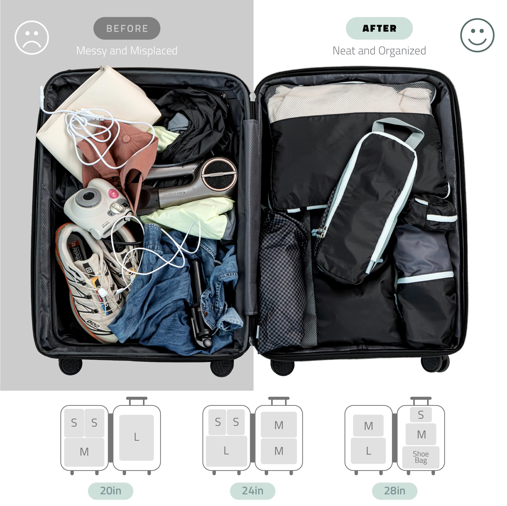 Set mit 8 Kompressions-Verpackungswürfeln für Reisezubehör, erweiterbare Taschen für Kleidung, Toilettenartikel, Rucksäcke, Organisation von wichtigen Gegenständen (schwarz und grau)