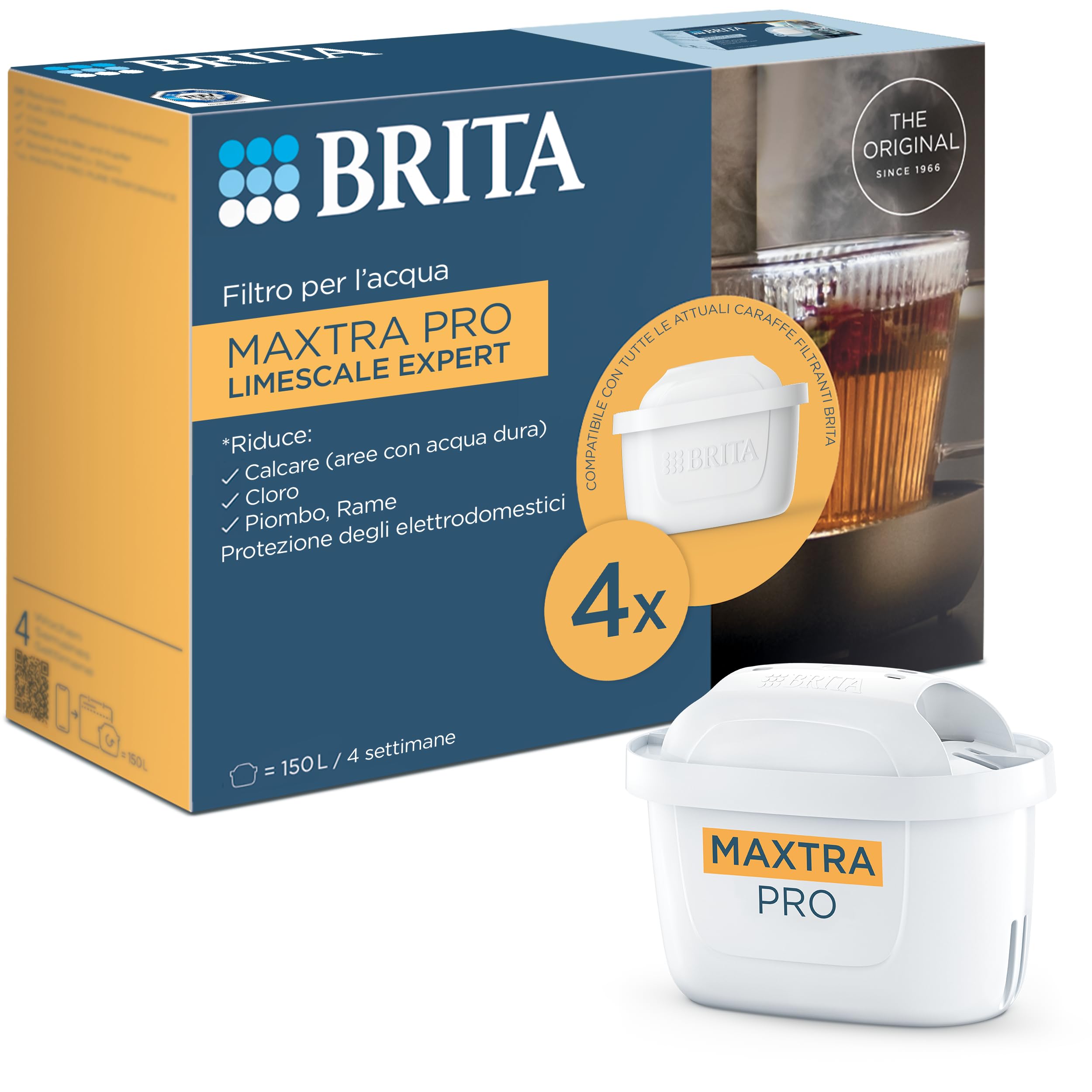 BRITA MAXTRA PRO Limescal Expert filtr wody do kranu 4 sztuki - dodatkowa redukcja kamienia i idealny do gorących napojów, oryginalny filtr kompatybilny z dzbankiem na wodę z filtrem BRITA
