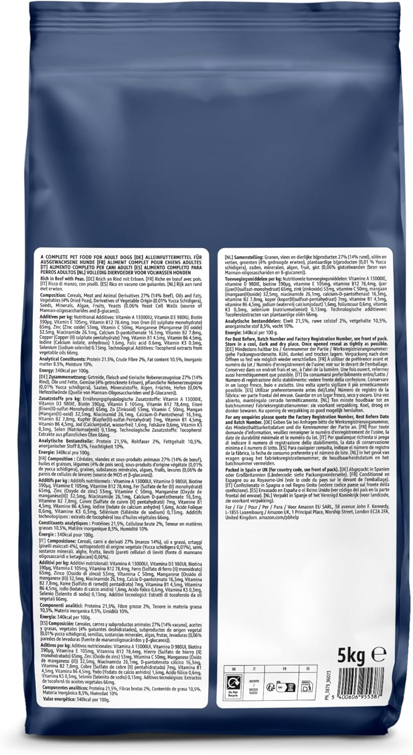 by Amazon - Complete Dry Dog Food for Adult Dogs, Rich in Beef with Peas, 1 Pack of 5kg - 2