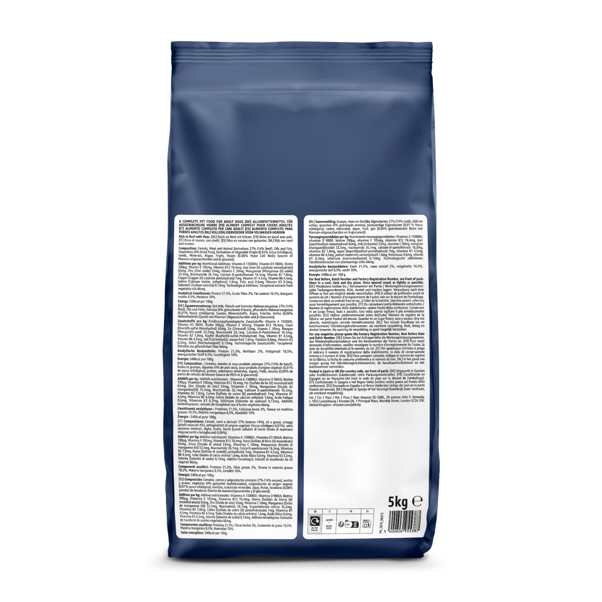 by Amazon - Complete Dry Dog Food for Adult Dogs, Rich in Beef with Peas, 1 Pack of 5kg