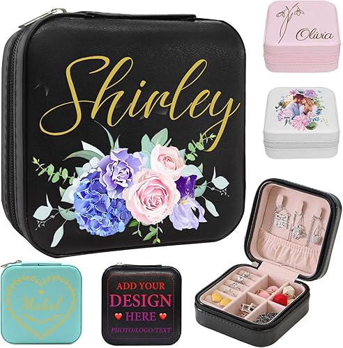 Miniatura 10 de YanNanKe Regalos de dama de honor joyero personalizado con flor de nacimiento pequeño estuche de joyería portátil de viaje mini caja organizadora de