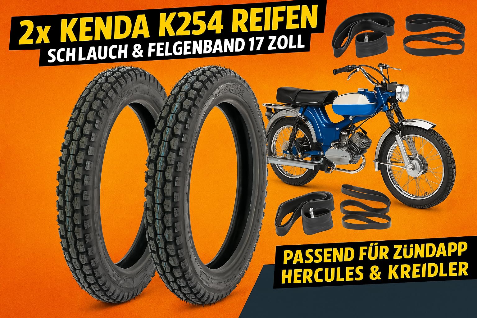 Moped Reifen Satz 2,75-17 (2 3/4 x 17) mit Schläuchen und Felgenbändern – Passend für Kreidler Florett K54 RS RMC TM LF LH, Hercules, Simson, Zündapp und weitere Mofas & Mopeds