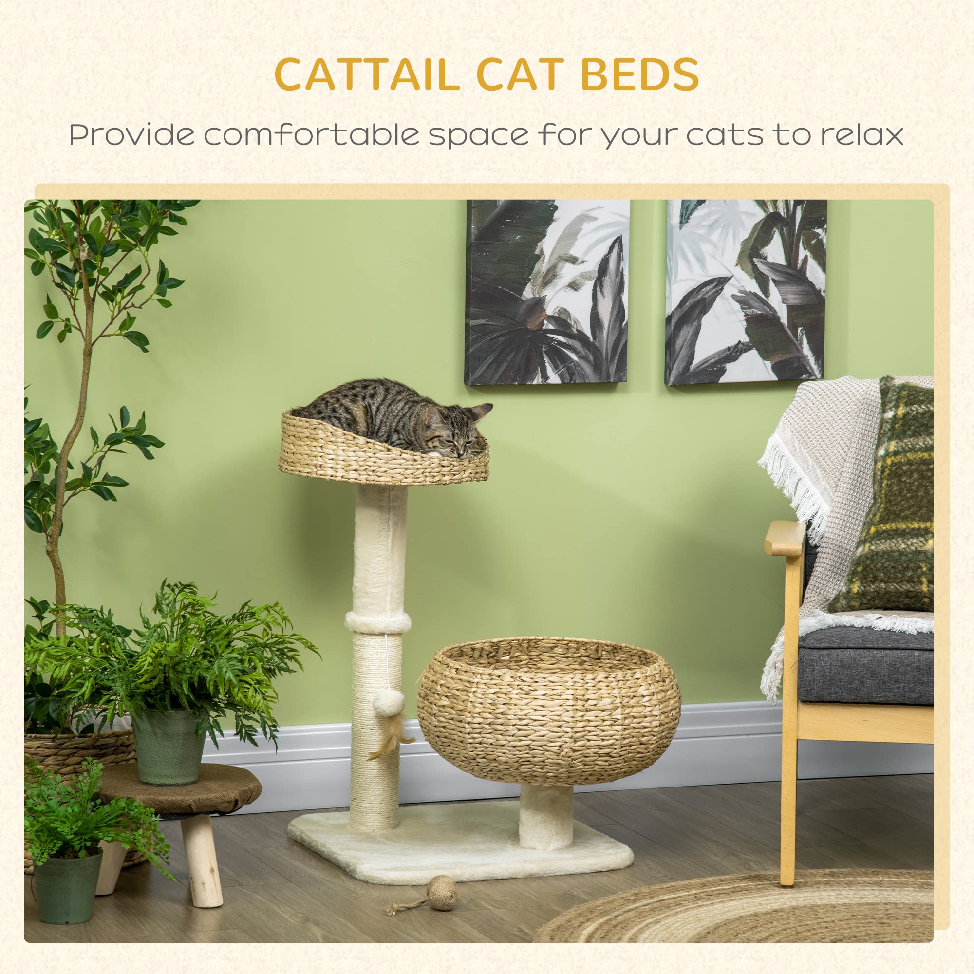 PawHut 72cm Cat Tree Kitten Tower with 2 Beds Scratching Post Toy Ball Beige, 48x48x72cm - Image 3