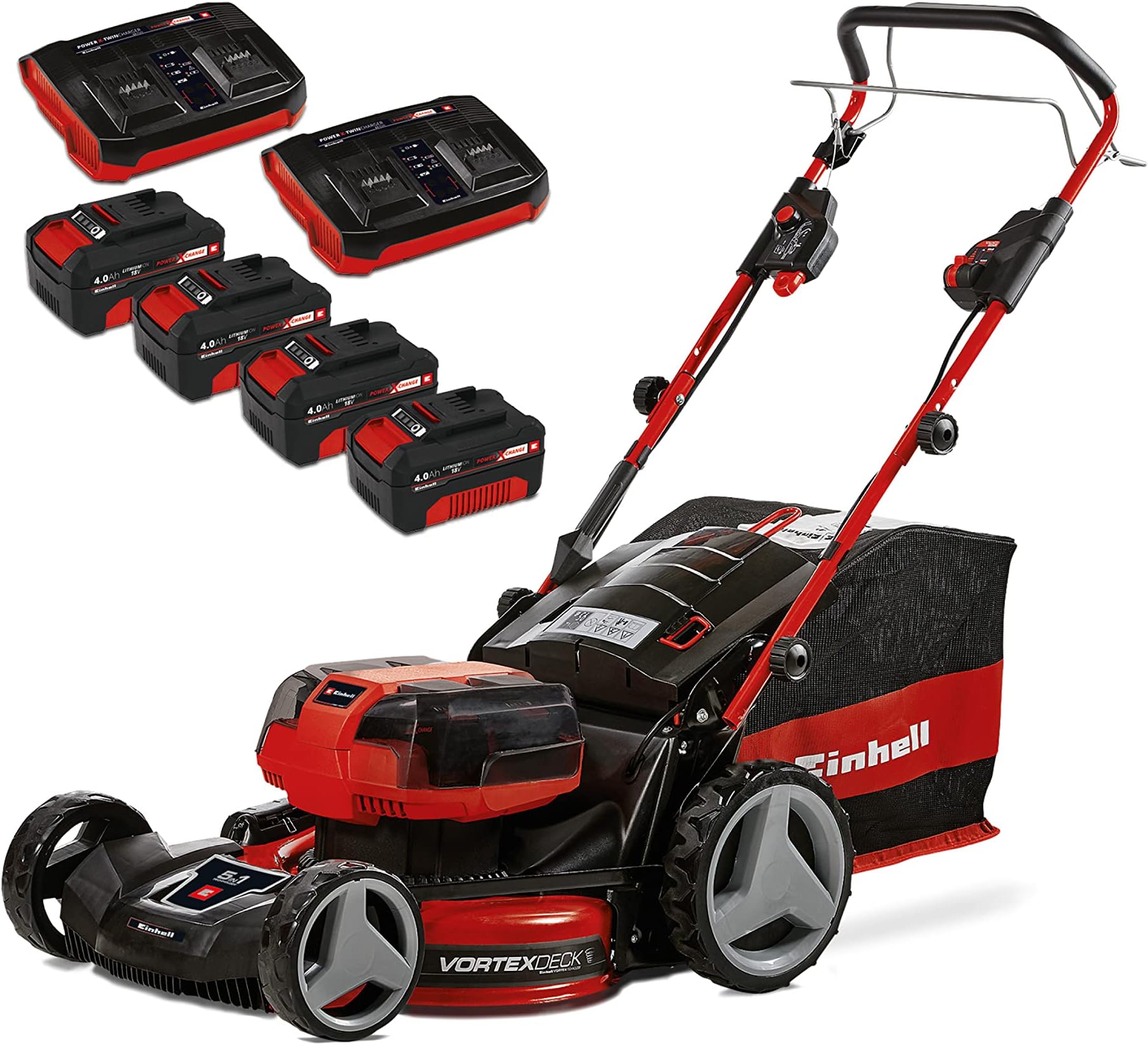 Einhell Cordless Lawnmower with Battery (x4) and Twin-Charger (x2) 36V Power X-Change, 47cm Cutting Width, Dual 36V, 75L Grass Box, 6 Cutting Heights GE-CM 36/47 S HW Li