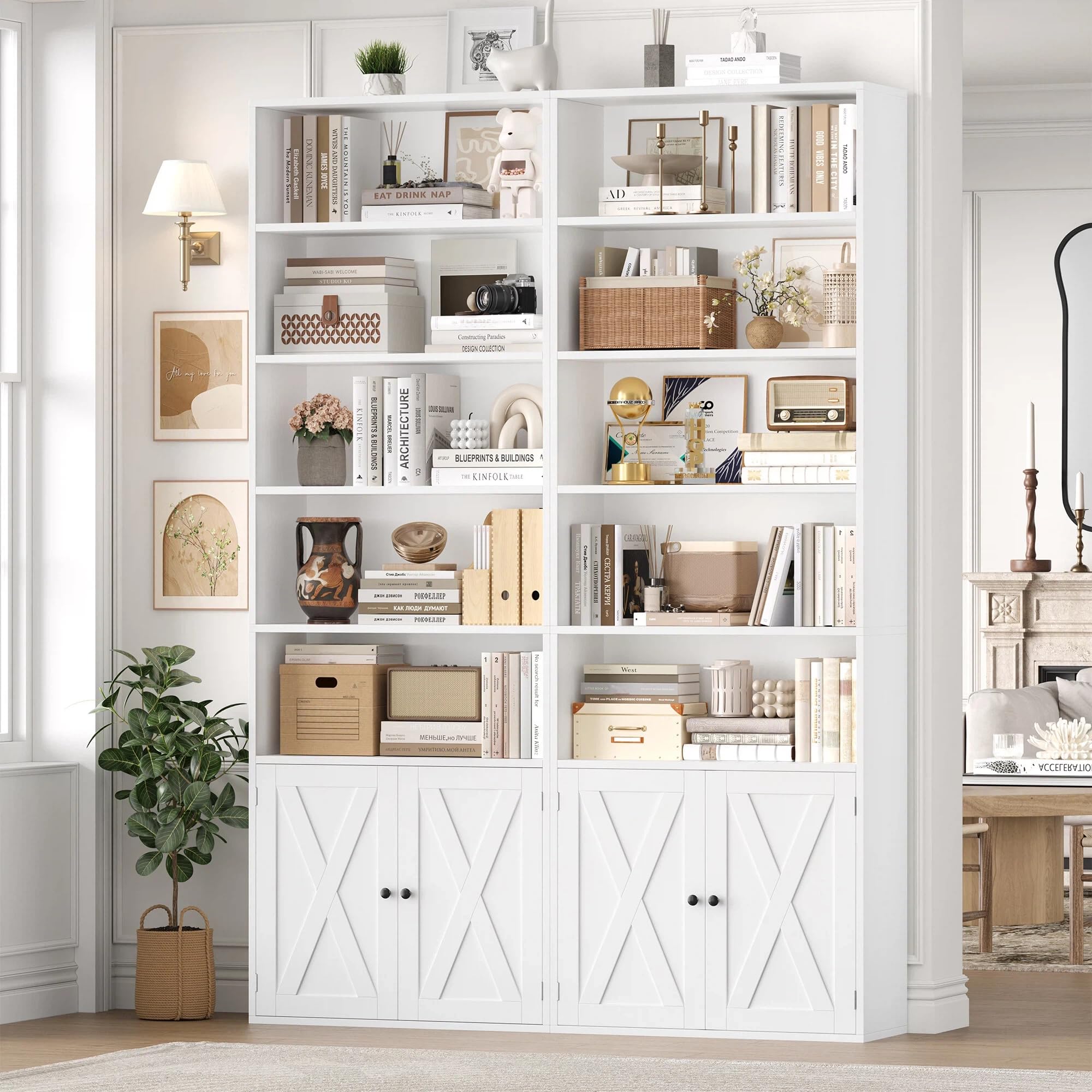 FirFurd Libreria Scaffale 209 cm con 7 Scomparti Aperti, libreria Verticale con Ante, Libreria da Parete con Ripiano Regolabile, per soggiorno, ufficio, cucina, 60 x 23,5 x 209 cm (Bianco)