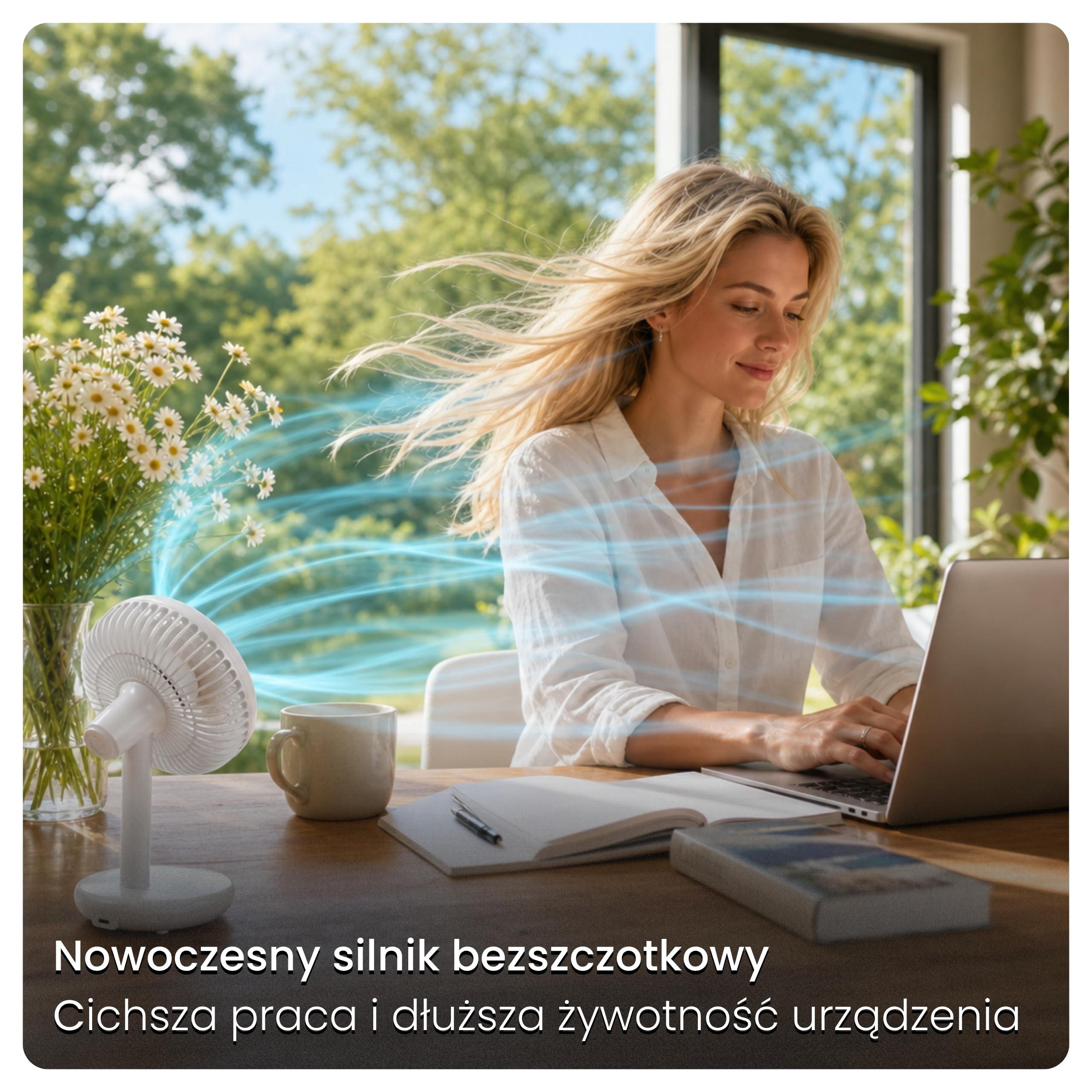 Cichy wentylator biurkowy - Bezprzewodowy wiatrak USB akumulator 2000mAh, Ø 14cm, bezszczotkowy mini wentylator z 7 łopatkami BreezGo, 4 tryby, naturalny wiatr, biały