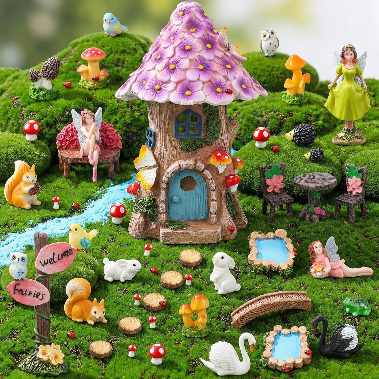 60 Pcs Solar Fairy Garden House Resin Kit with Lighted Cottage Miniature Fairy Garden Accessories Set for Outdoor Patio Yard Planter Decor DIY Fairy Garden Kit (Fairy)