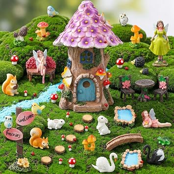 60 Pcs Solar Fairy Garden House Resin Kit | with Lighted Cottage Miniature Fairy Garden Accessories Set for Outdoor Patio Yard Planter Decor DIY Fairy Garden Kit Fairy