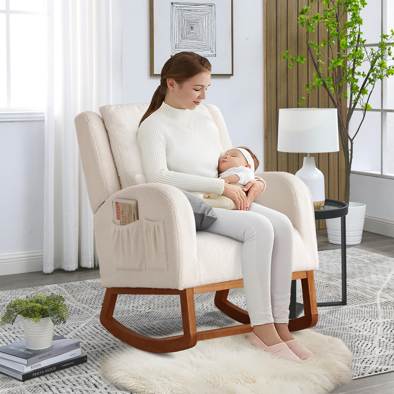 Rocking Glider Chair for Nursery, Wingback Accent Rocker Chair Upholstered Tall Back Arm Chair w/Walnut Leg, Modern Leisure Single Sofa for Living Room, Hotel, Bedroom, Baby Room, Ivory