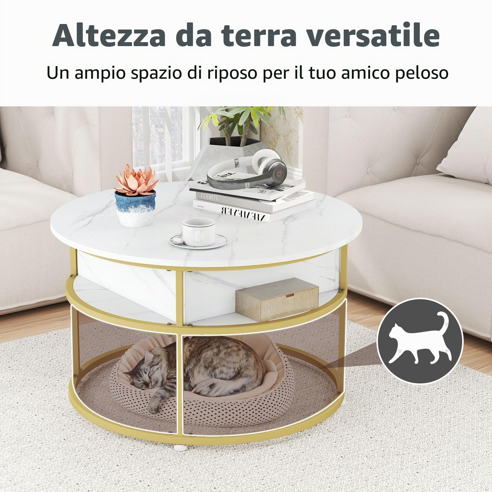 LIFEZEAL Tavolino Salotto Rotondo Sollevabile, Dorato, Oro e Bianco, Effetto di Marmo, Tavolino da Caffè, Divano, Tavolo Soggiorno, con Vano Portaoggetti, in Legno, Metallo, Ø80x49-63cm, Max 80kg