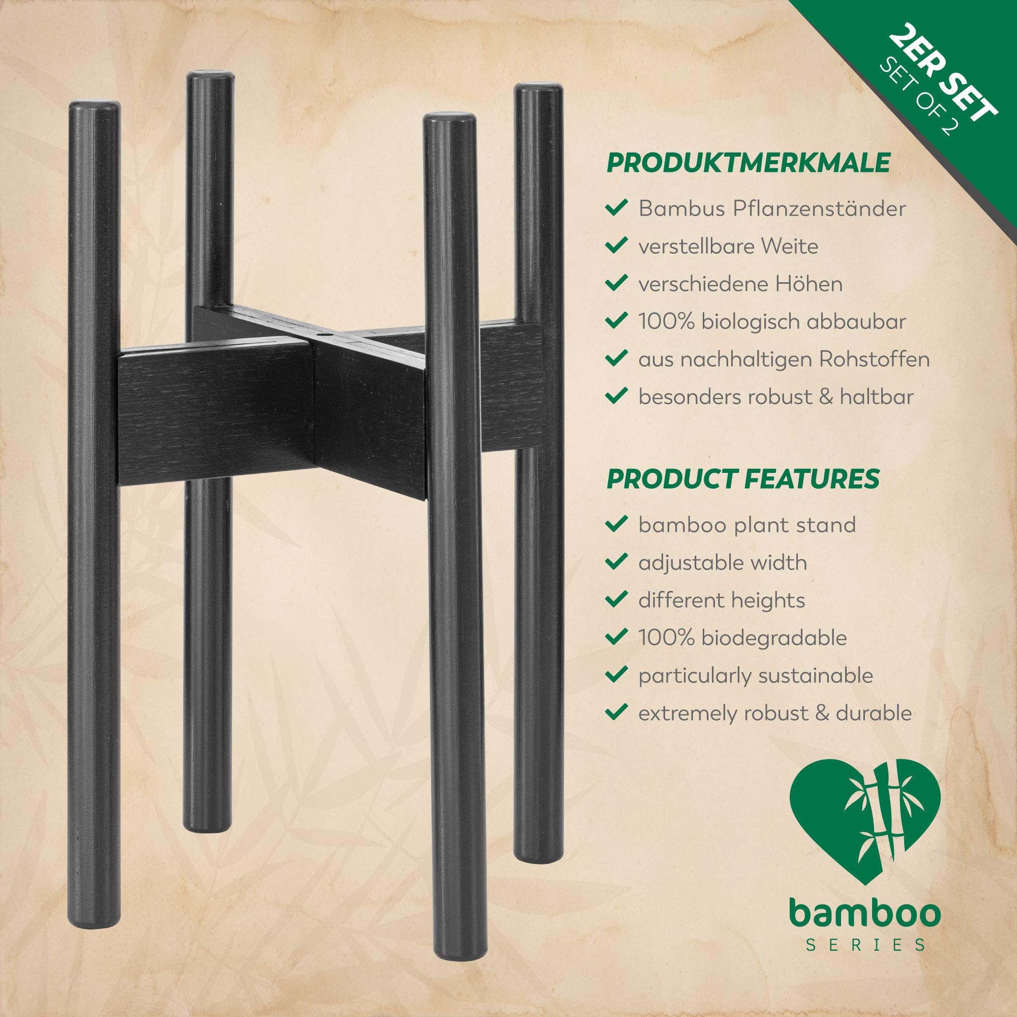 Rubberneck Set di 2 Supporti in bambù per Piante - Portavasi Regolabili - per Esterni e Interni - Nero | 2 livelli d'altezza a rotazione, per vasi interni ed esterni, privo di BPA, biodegradabile, sostenibile, coppia per salotto