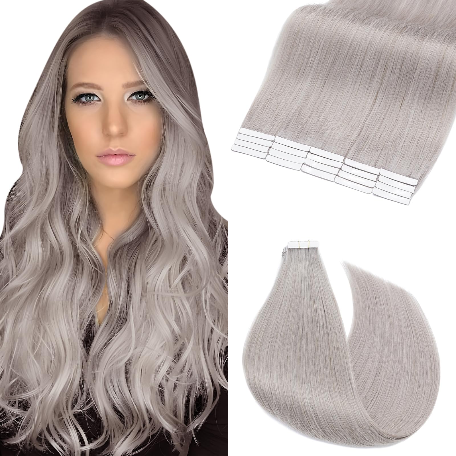 Elailite Grey Tape in Human Hair Extensions 20 Pcs Real Human Hair Straight Skin Weft Seamless Hair Extension (#Grey, 16 Inch-50g)