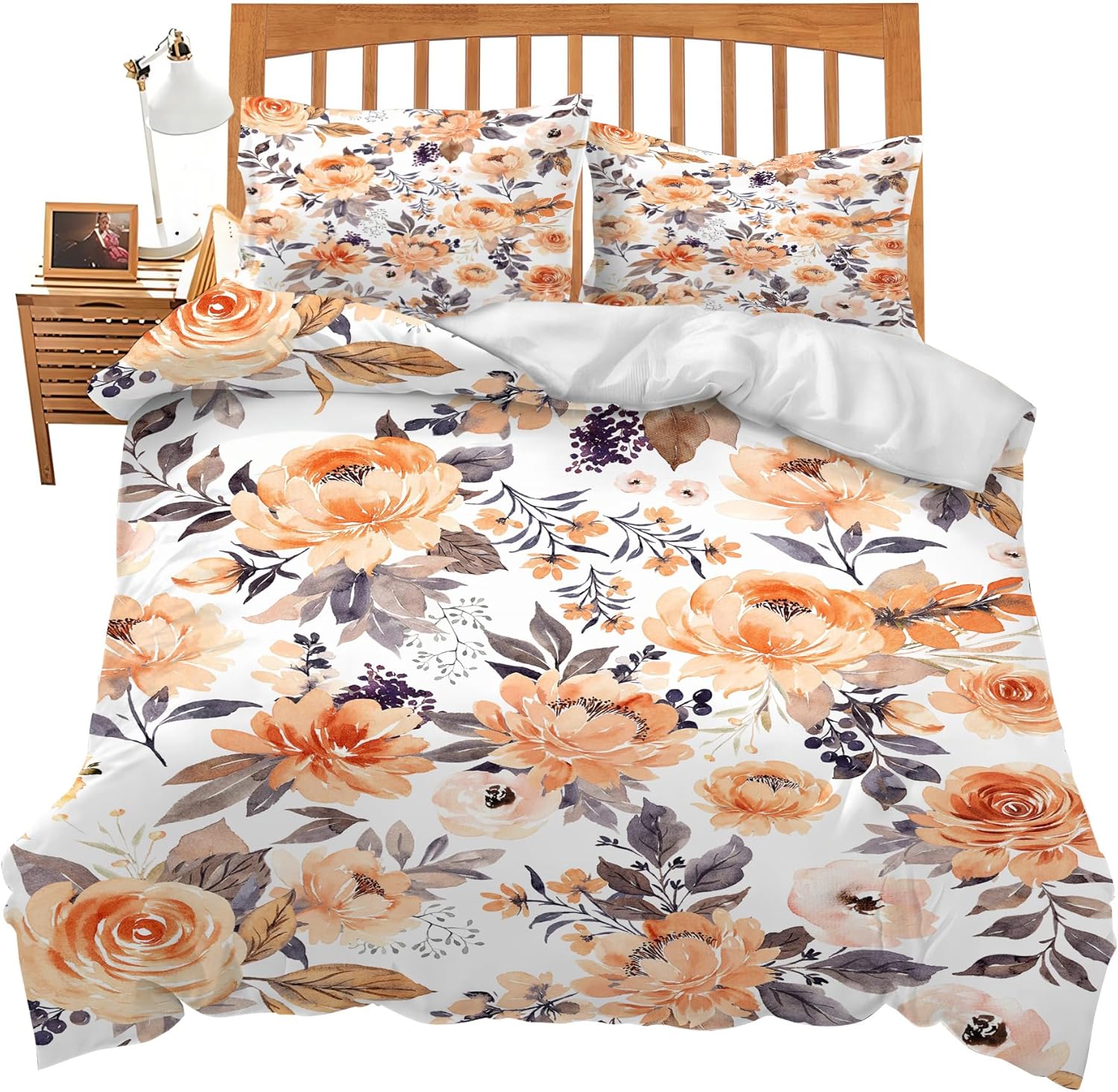 Flower Comforter Set Full Size, Orange Floral Print Comforter Cover Gifts for Women, Wildflower Bedding Decor Duvet Quilt Cover Set with 2 Pillowcases for Boys Girls Adults Teens