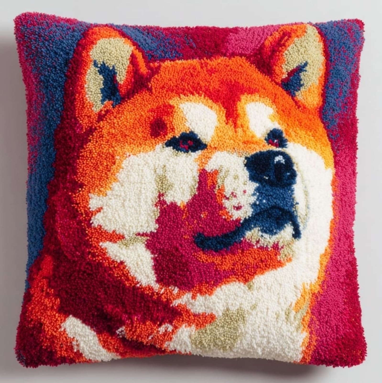 AxiangziK DIY Latch Hook Pillow Kit,Akita Inu Animal Dog 17x17inch Printed Pillowcase Crochet Yarns Hooking Handmade Cushion for Home Sofa Decoration