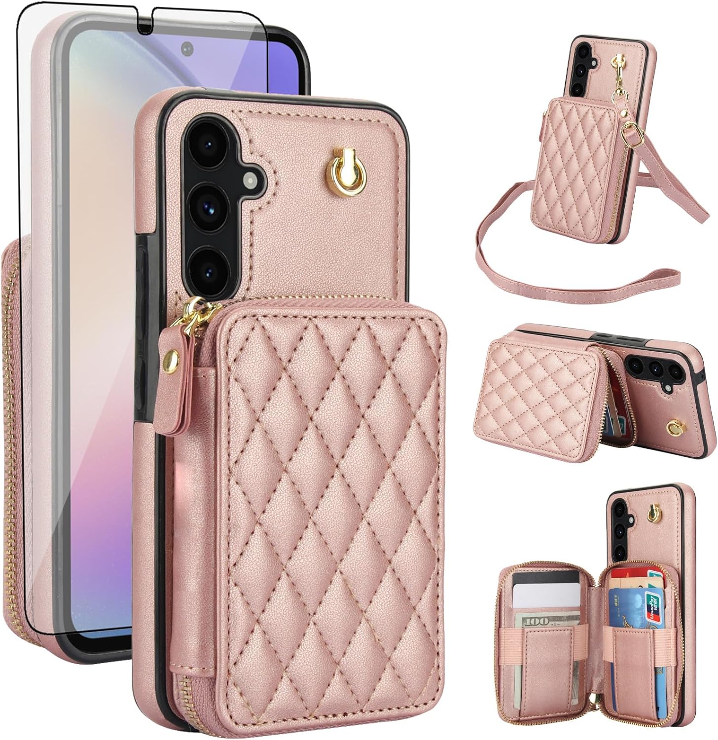 Phone Case for Samsung Galaxy A54 5G Wallet Cell Cover with Tempered Glass Screen Protector Wrist Crossbody Strap RFID Blocking Credit Card Holder A545G A 54 54A 4G G5 SM A546U Women Girls Rose Gold