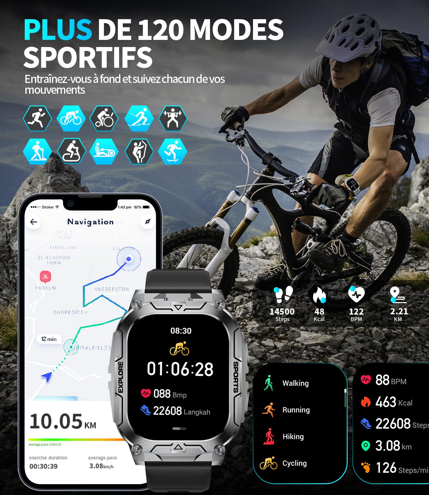 SUNKTA Montre Connectée Homme,1000mAh Longue Autonomie Batterie/1.7‘’ Grand Écran avec Appels/Lampe de Poche/IP68 Étanche Fréquence Cardiaque/Pédomètre,3 Bracelet Smartwatch pour Android iOS