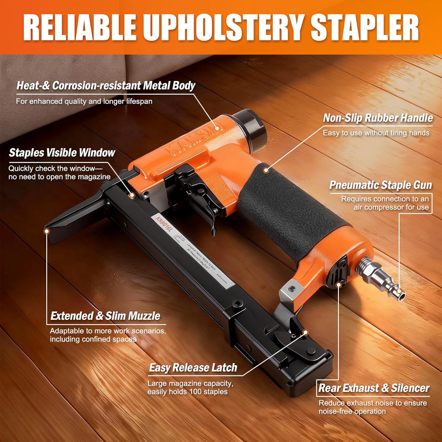 KN8016L 21 Gauge Pneumatic Upholstery Stapler, 1/2-inch Crown, 1/4-inch to 5/8-inch Length Long Nose Upholstery Staple Gun Fine Wire Stapler for Furniture, Upholstering