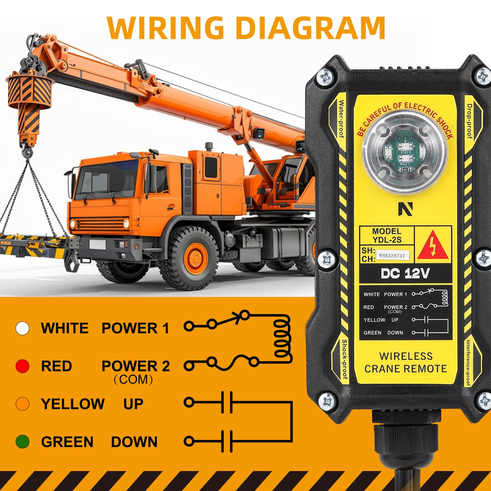 NEWTRY Telecomando per gru da 12 V, 2 in 1, controllo via cavo e senza fili, portata di controllo radio 200 m, 4 tasti, per attrezzature di sollevamento industriali, camion, gru, interruttore di