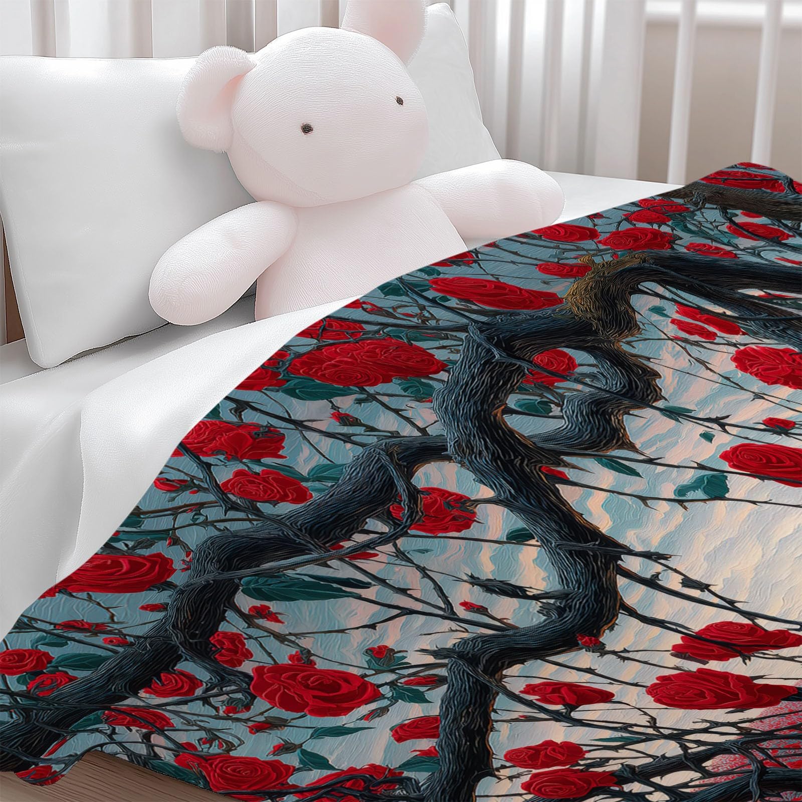 Genérico Puszysty flanelowy koc na łóżko 150 x 200 cm surrealizm czerwone róże pole polarowy koc z mikrofibry, czerwony oddychający ciepły miękki przytulny prezent koce dla kobiet i dzieci
