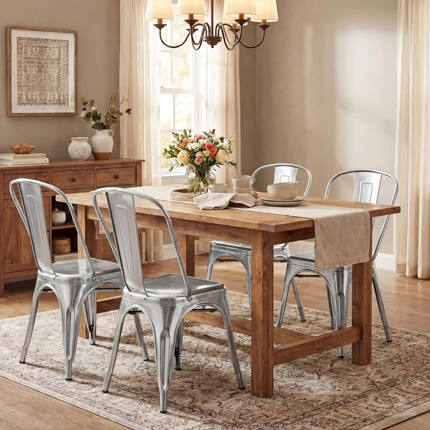 Shahoo Metal Dining Chairs Classic Iron Stackable Industrial Vintage Trattoria with Back, Indoor-Outdoor Side Settee for Home Bistro Cafe Kitchen Restaurant Set of 4, Sliver