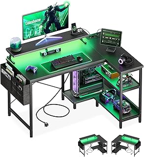 Coleshome Gaming-Tisch mit Stauraum, 100×70 cm Eckschreibtisch mit Regal & Stofftasche, reversibler L-förmiger Schreibtisch mit Steckdosen & LED für Büro & Arbeitszimmer, Kohlefaser Schwarz