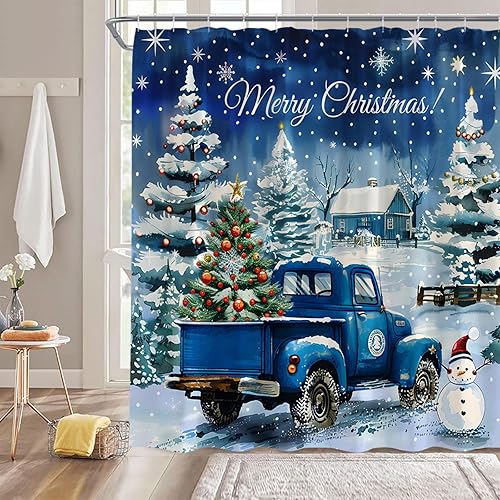 Miniatura 2 de Cortina de ducha de Navidad, diseño de camión de Navidad, árbol de Navidad, rústico, muñeco de nieve, casa de campo, tela decorativa de invierno,