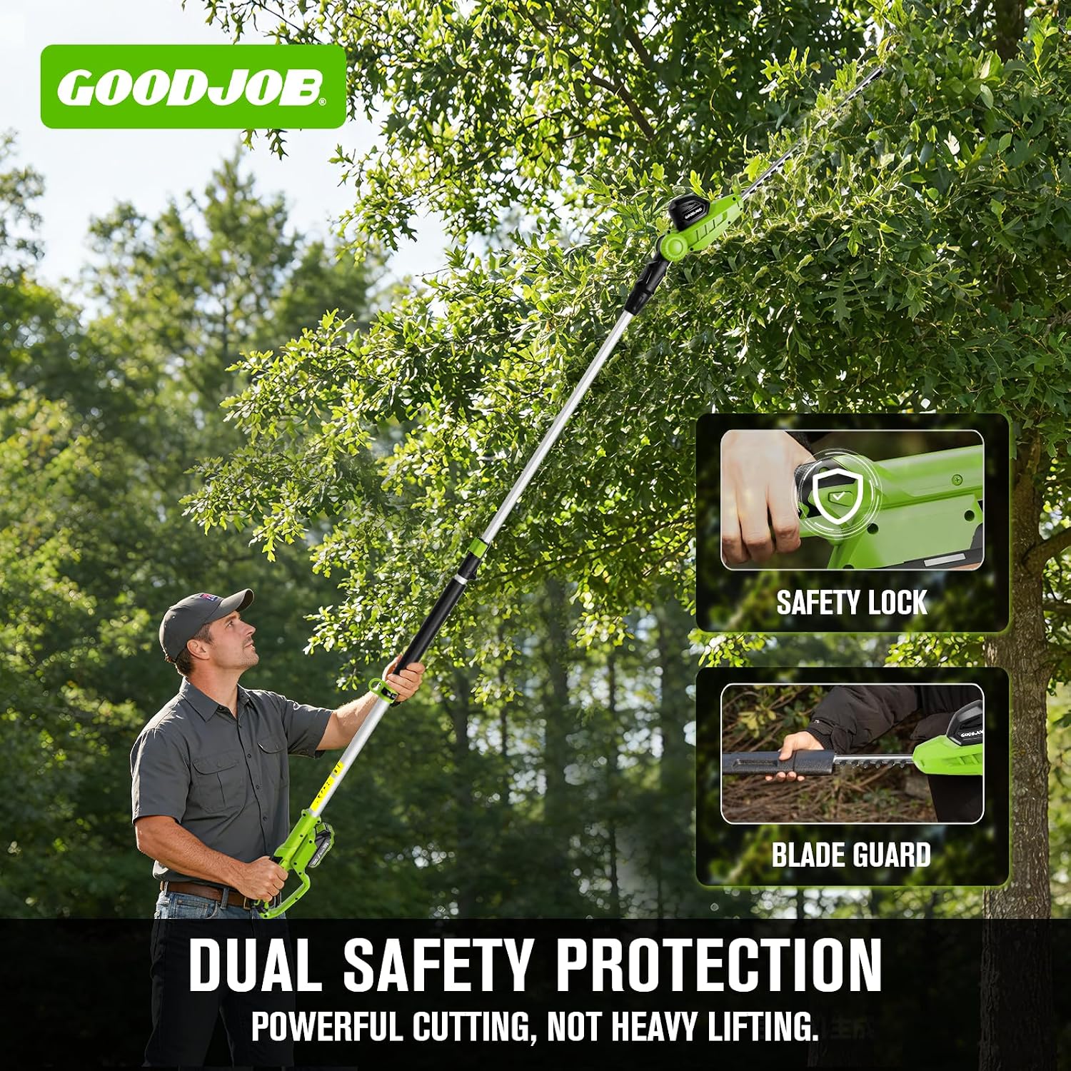 GOODJOB 20V Cordless Pole Hedge Trimmer with 18" Dual-Action Blade, 8.6 FT Telescoping Pole, 11-Position Head, 6 LBS Lightweight, 2x2000mAh 80 Mins Runtime—Ideal for Tall Shrubs,Hedges & Tree Trimming