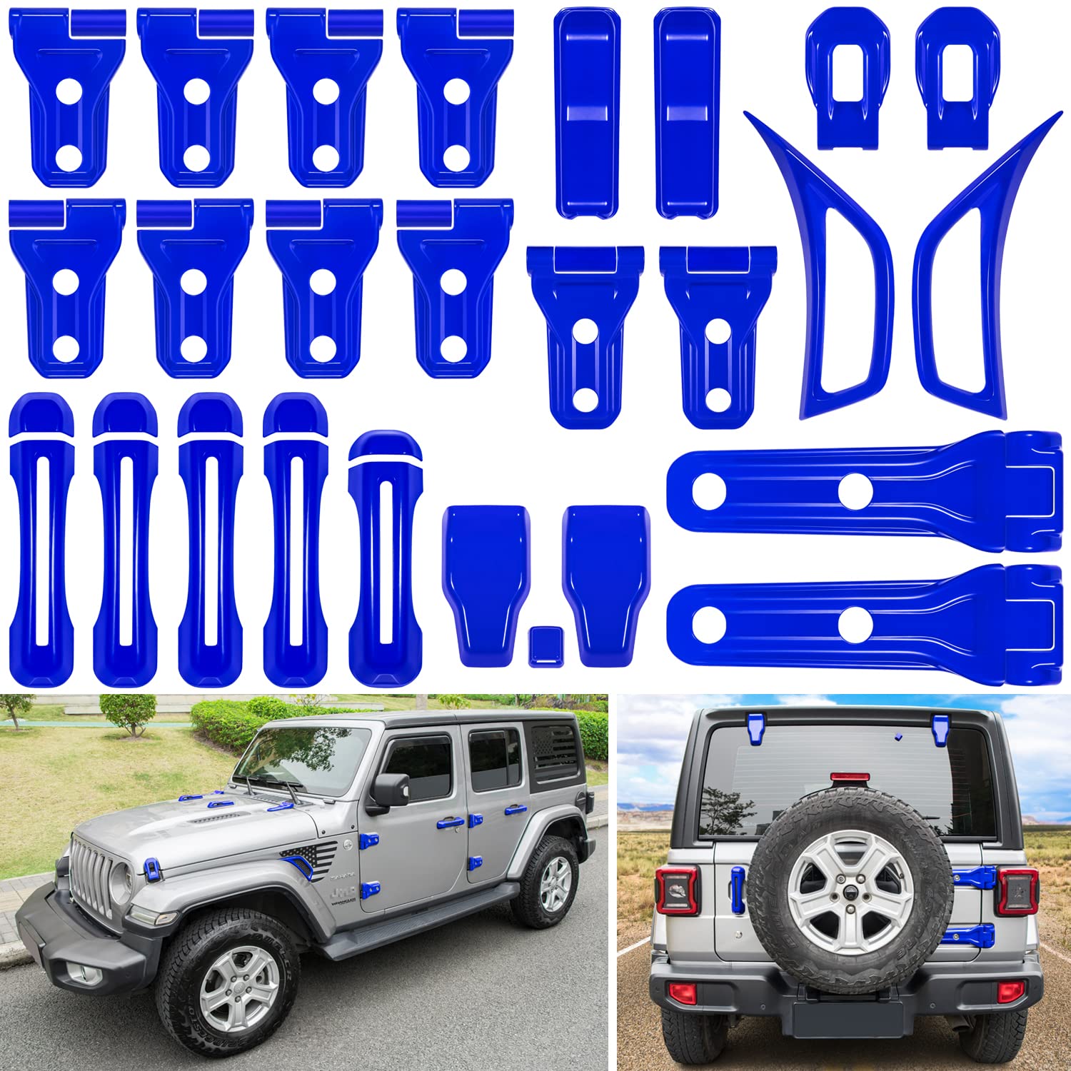 26PCS Full Set Exterior Decoration Trim Kit for Jeep Wrangler JL JLU 2018-2022 Door Hinge Handle Engine Hood Hinge Hood Latch Wheel Eyebrow Side Air Outlet Rear Tailgate Window Hinge Cover (Blue)