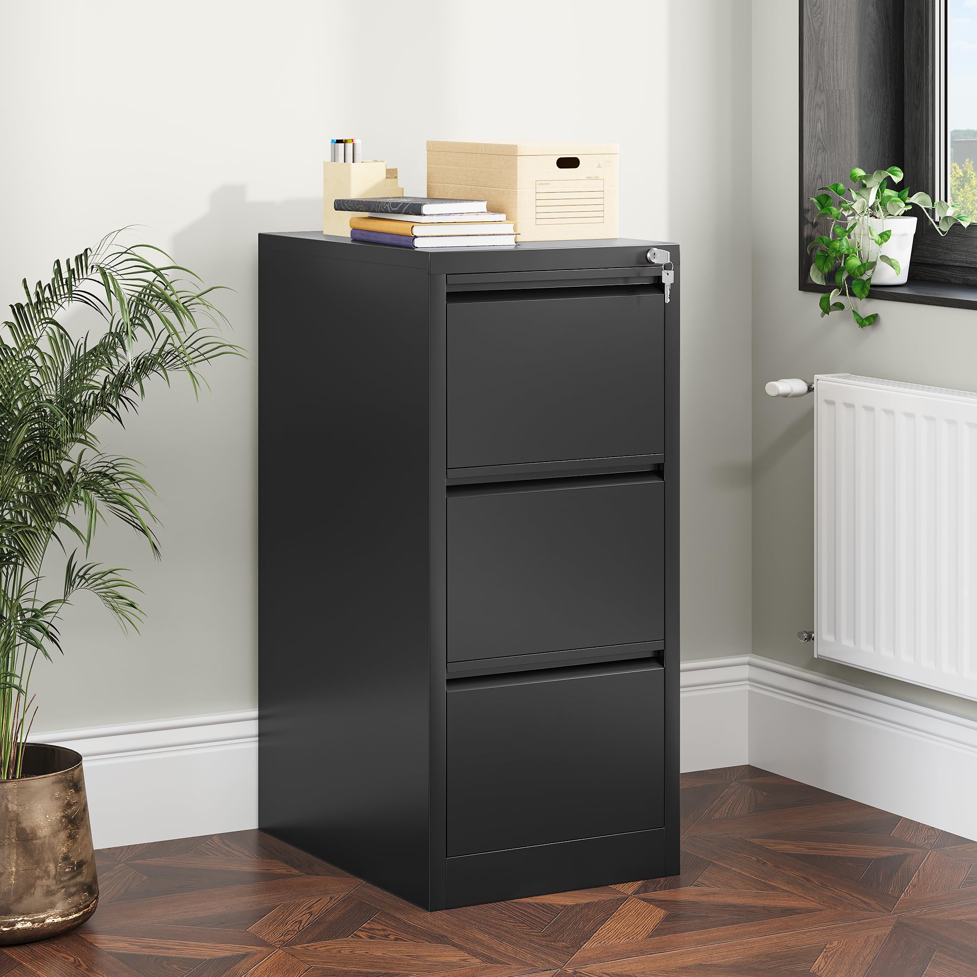 YITAHOME Aktenschrank mit 3 Abschließbaren Schubladen, Kippsicherer Rollender Aktenschrank mit Rädern für das Büro zu Hause, Unter-Pult-Aktenschränke, schwarz, 62 x 45.8 x 102.5cm