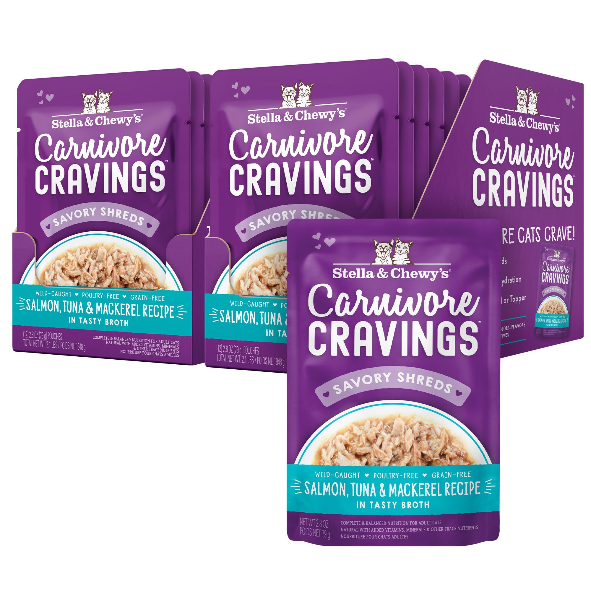 Carnivore Cravings Wet Cat Food - Premium Pouches - Grain Free, High Protein Salmon, Tuna & Mackerel - Perfect For Picky Eaters - Complete Meal or Topper (2.8 oz, 24 Pack)