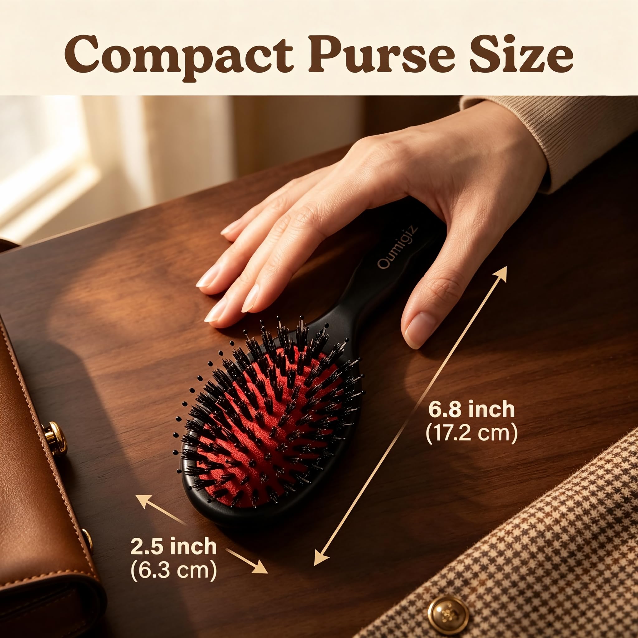 OUMIGIZ Boar Bristle Hair Brush with Nylon Pins, Natural Wooden Detangler