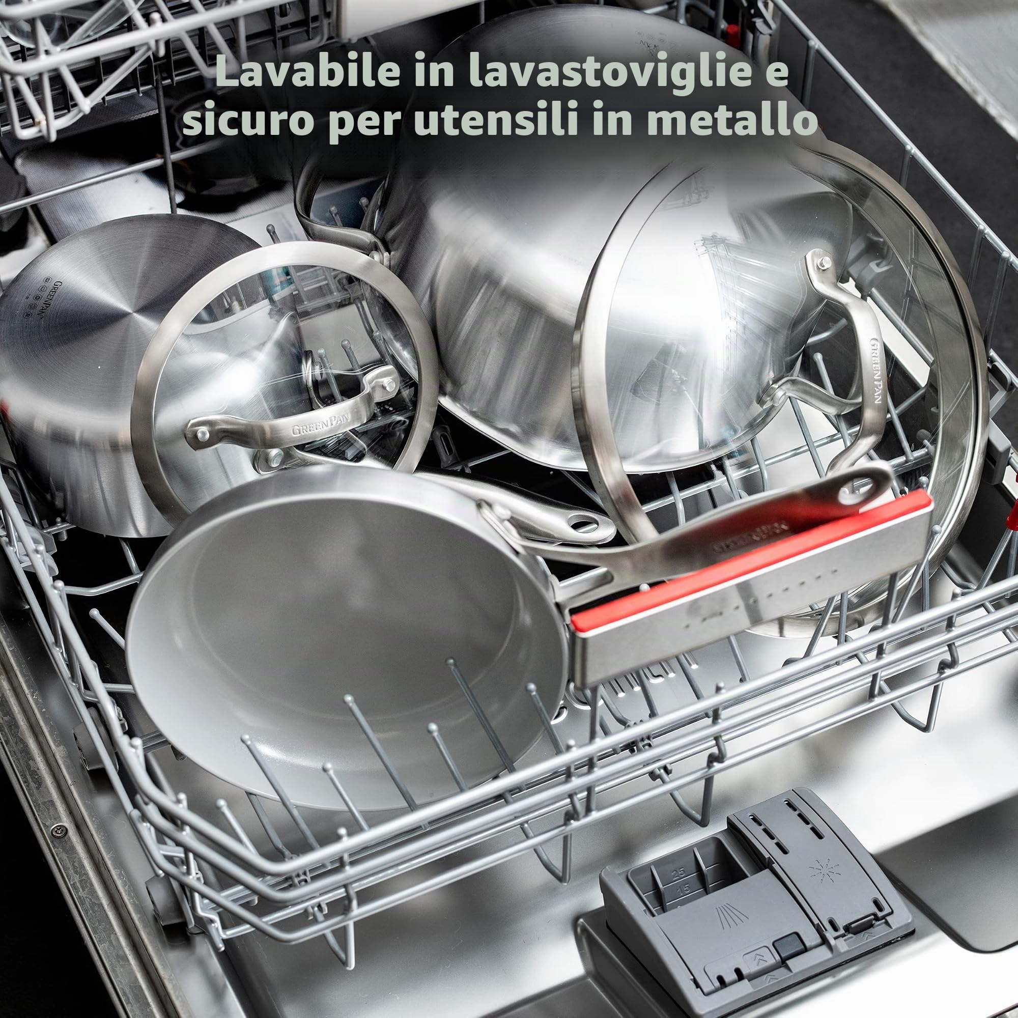 GreenPan Venice Pro Tri-Ply Set di pentole e padelle in ceramica antiaderente a tre strati in acciaio inox, senza PFAS, multiaderenti, a induzione, lavabili in lavastoviglie, adatto al forno, argento