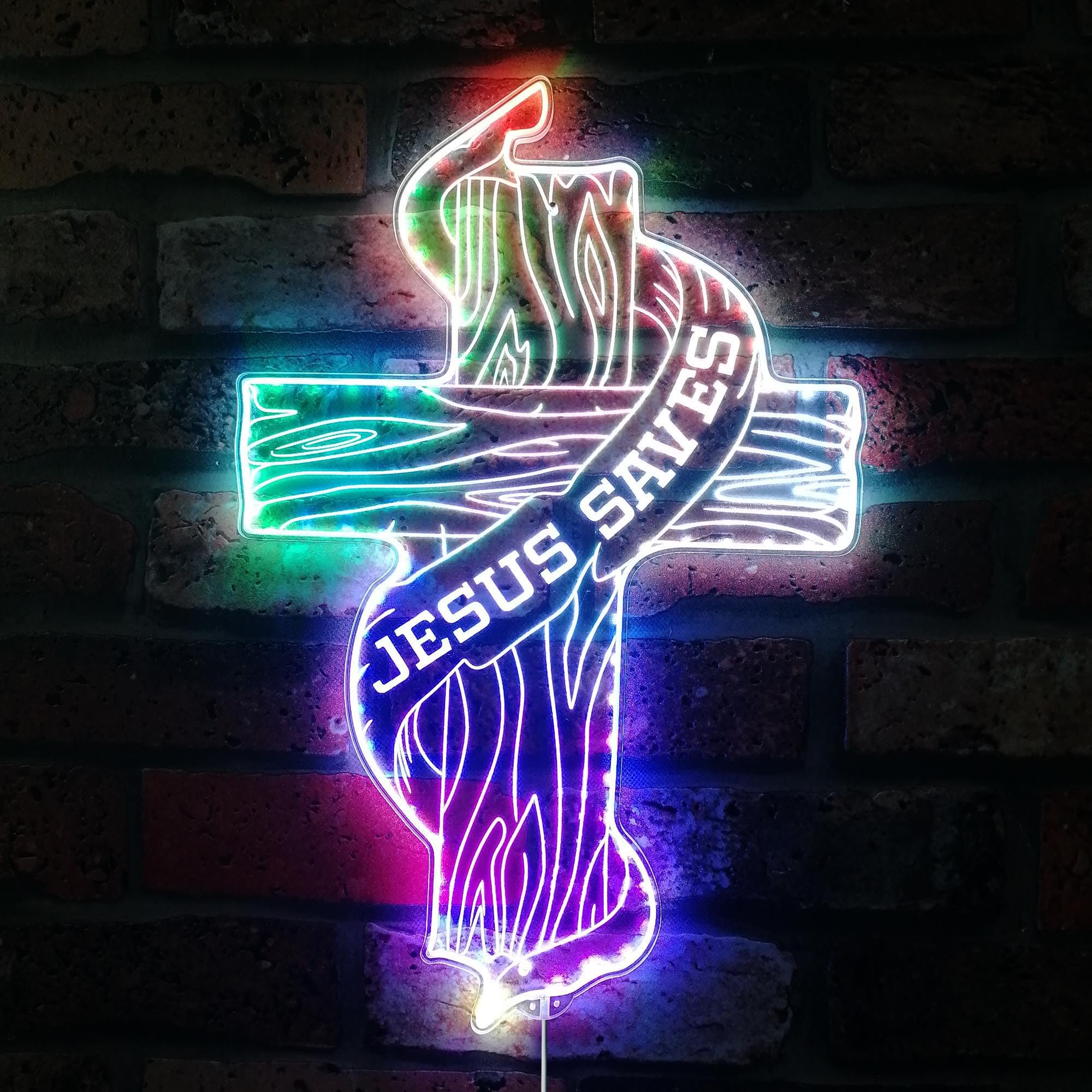 ADVPRO Jesus Saves Wood Cross with Ribbon RGB Dynamic Glam LED