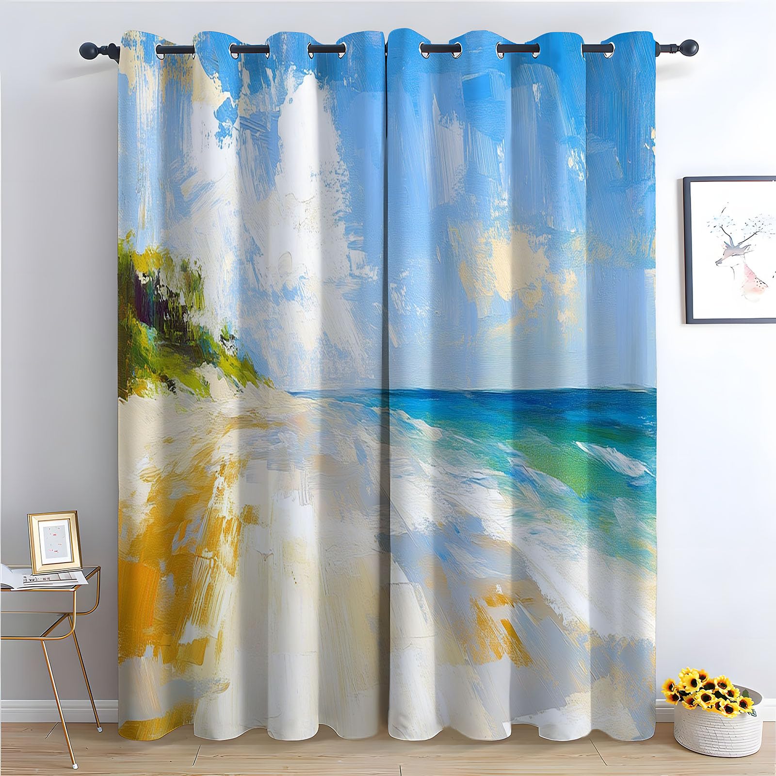 WIKEO Floral Blackout Curtains for Living Room Bedroom Beach Natural Scenery Eyelet Curtain Botanical Thermal Insulated Noise Reducing Drapes Window Treatment-52 W x 96" L (Pack of 2)