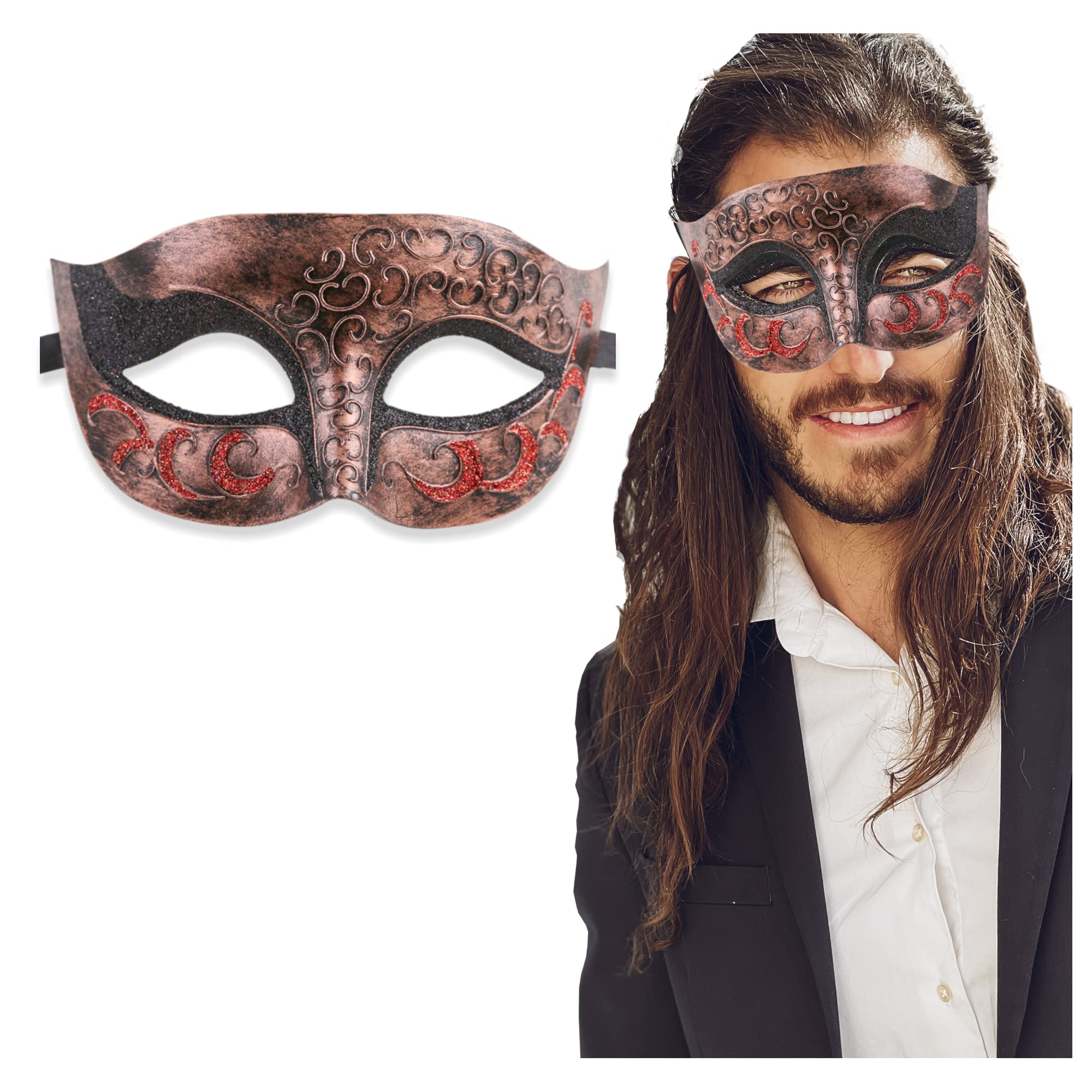 Masquerade Mask For Men Antique Look Mask for Halloween, Venetian Party, Masquerade Party, & Masquerade Ball, Antique Copper Black/Black Red Glitter, One size