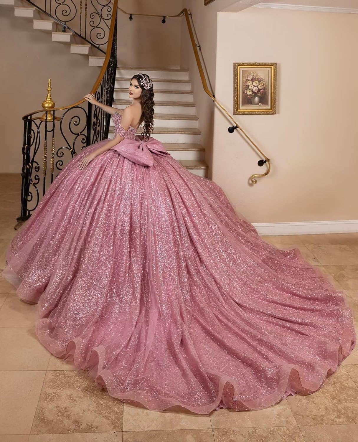 Vestidos de quinceañera con Brillo Lazo abullonados Cuentas Hombros Descubiertos Elegantes Vestidos de 16 años MT056