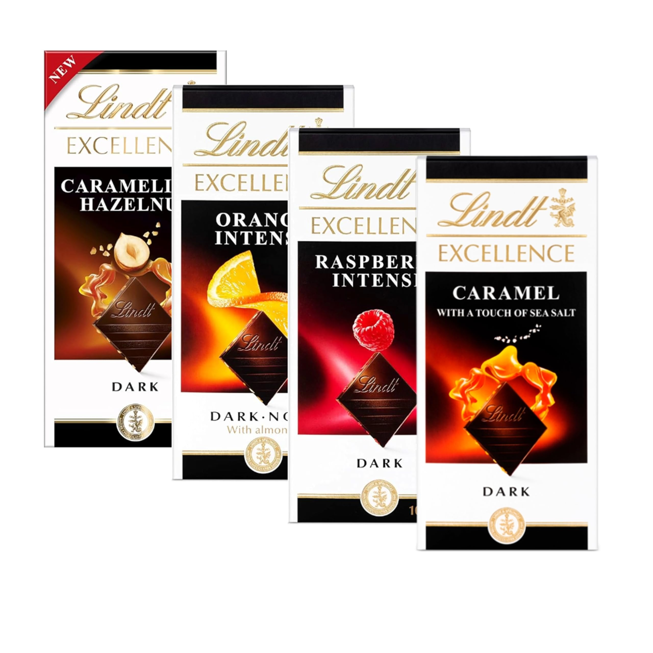 Lindt Excellence Dark Chocolate Bars Multipack - Pack of 4 x 100g Orange, Raspberry, Caramel Sea Salt & Hazelnut Chocolate Bars & Topline Card. Chocolate Gifts for Christmas Gifts, Stocking Fillers