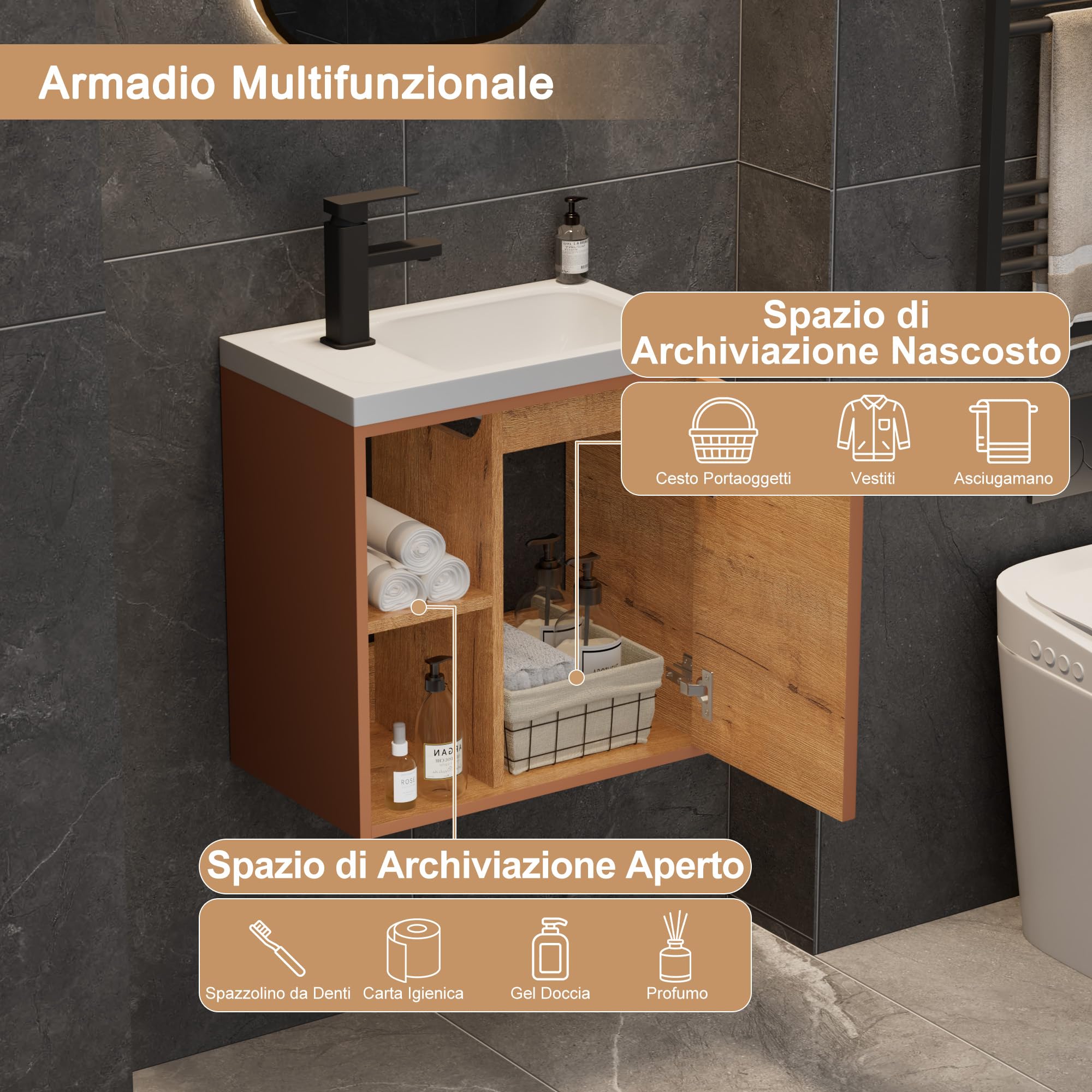 UEV Mobile Bagno con Lavabo in Resina, Mobiletto Bagno Sospeso con Unico Design e Praticità, Motivo a Righe Verticali, 50,5 x 30 x 50 cm, Rosa