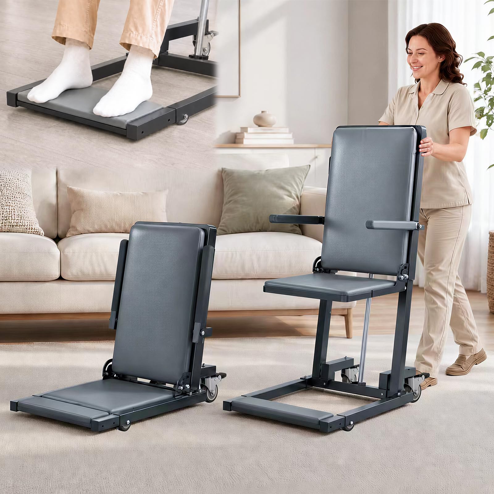 Electric Lift Chair with Footrest, Movable 4-Wheel Floor Lift for Elderly Falls with Magnetic Remote Control, Device to Lift Elderly Off Floor with 440LBS Capacity
