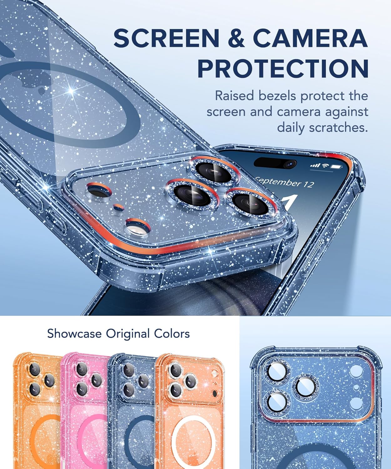 BERFY for iPhone 17 Pro Max Case for Women, Compatible with MagSafe, Clear Glitter Shockproof Protective Case, Anti-Yellowing, with Screen Protector & 3 Diamond Camera Lens Covers 6.9", Sparkle Blue