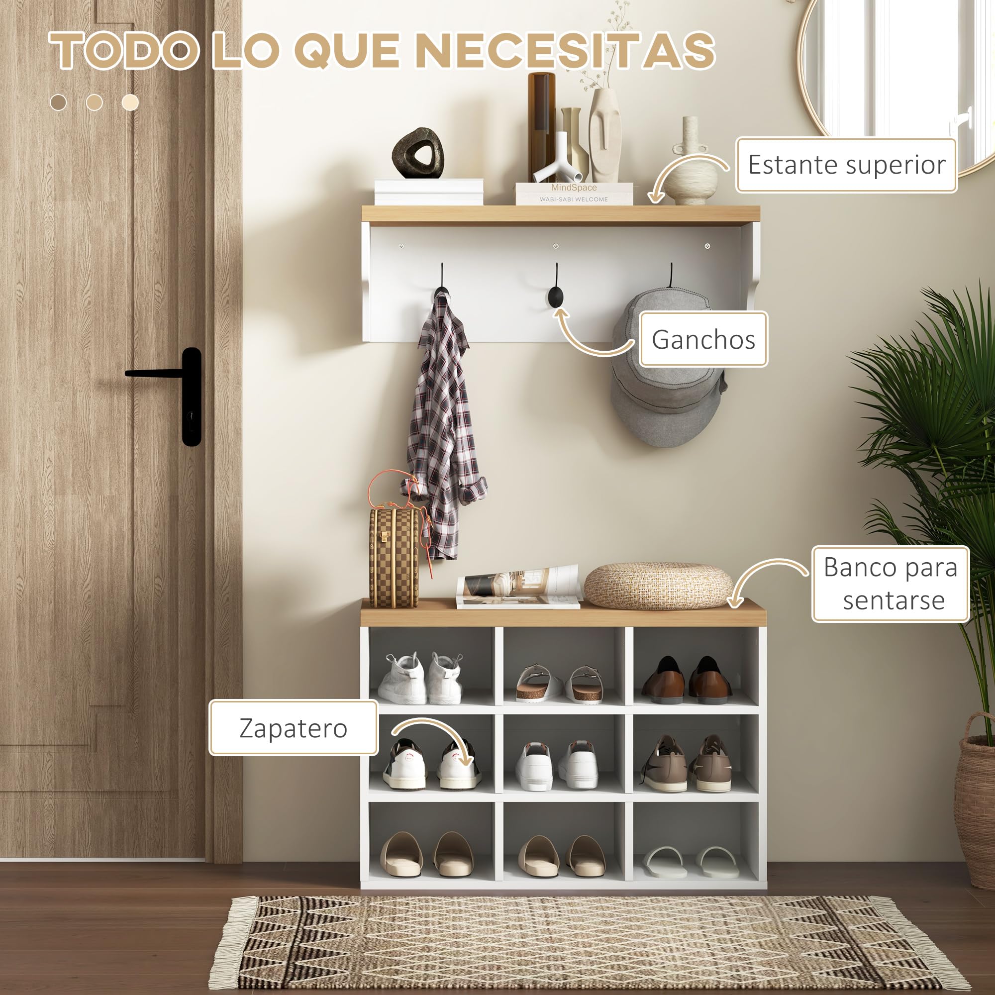 HOMCOM Recibidor con Perchero 2 en 1 75x30x50 cm y 75x20x22,5 cm Blanco