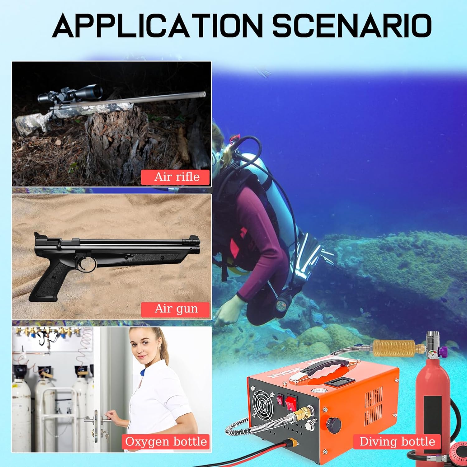 PCP Air Compressor 4500Psi/30Mpa Water/Oil Free PCP Air Pump Rifle/Pistol Paintball Cans Powered 12V Automotive DC 110V AC For Home Use With Power Converter And Oil-moisture Filter (ORANGE)