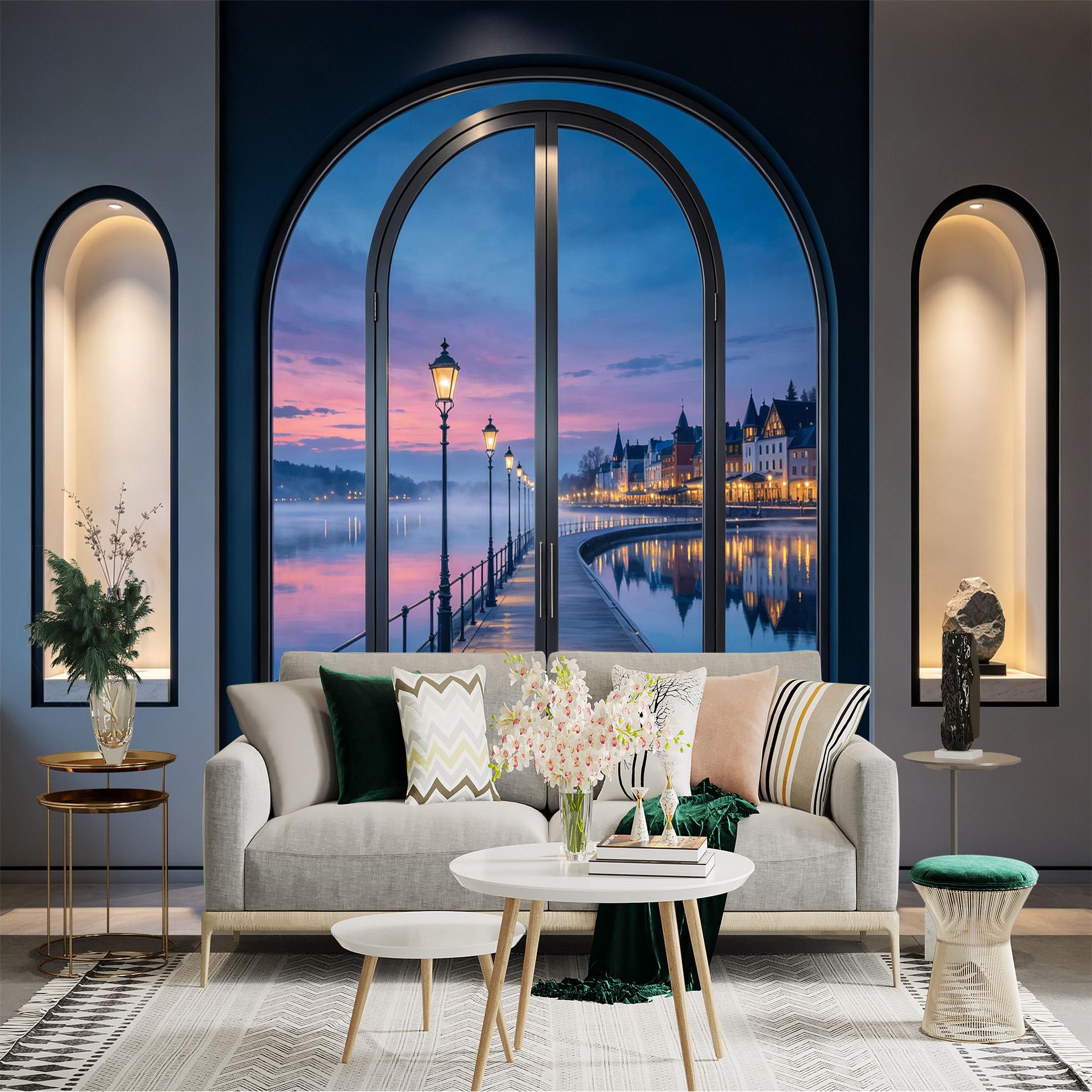 Custom Size Wall Sticker Mural， Arched Window Lake View， Sunset Boardwalk and Riverside Town， for wall Decoration， peelandstick wall Decals.