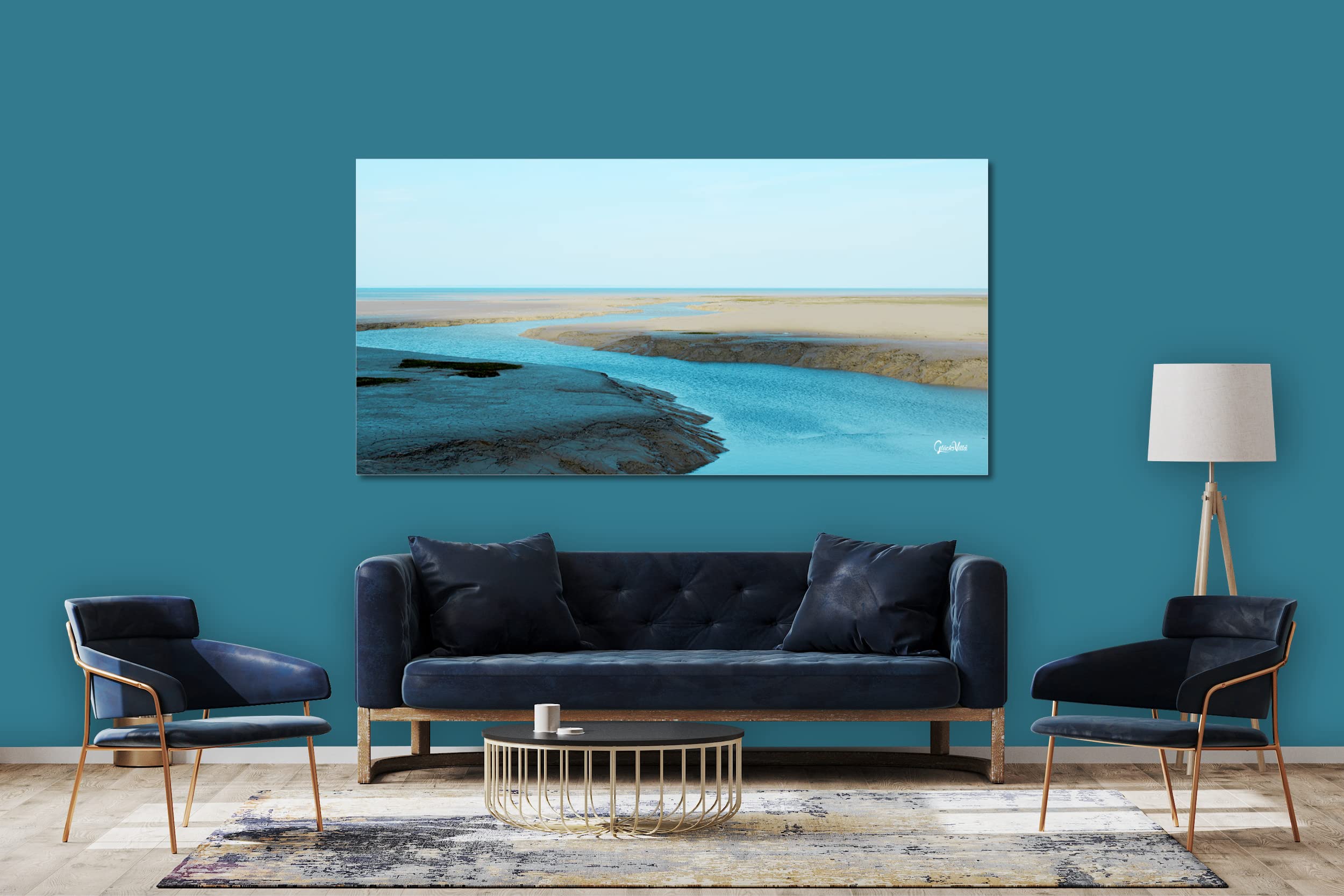 Glücksvilla - Wasserwege am Meer (Leinwand-Bild 2 cm, 160 x 80 cm) | div. Maße - aus DE - Kunstdruck Deko Wandbild quer - Frankreich Bretagne Atlantik Priel Siele Ebbe Flut Küste maritim türkis
